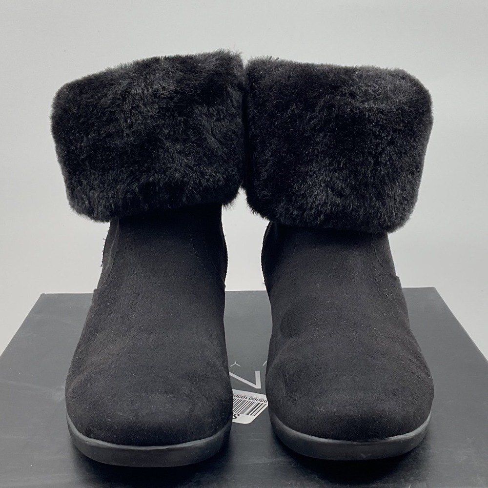 Jones New York Black Faux Suede Faux Fur Trim Wedge Ankle Boots Round Toe Zip